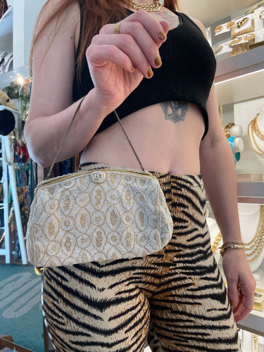 Midcentury French White Beaded Clutch Purse